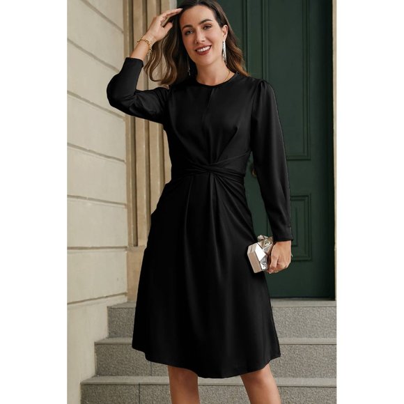 Black Twist Front Tie Back Long Sleeve Satin Dress - Picture 5 of 16